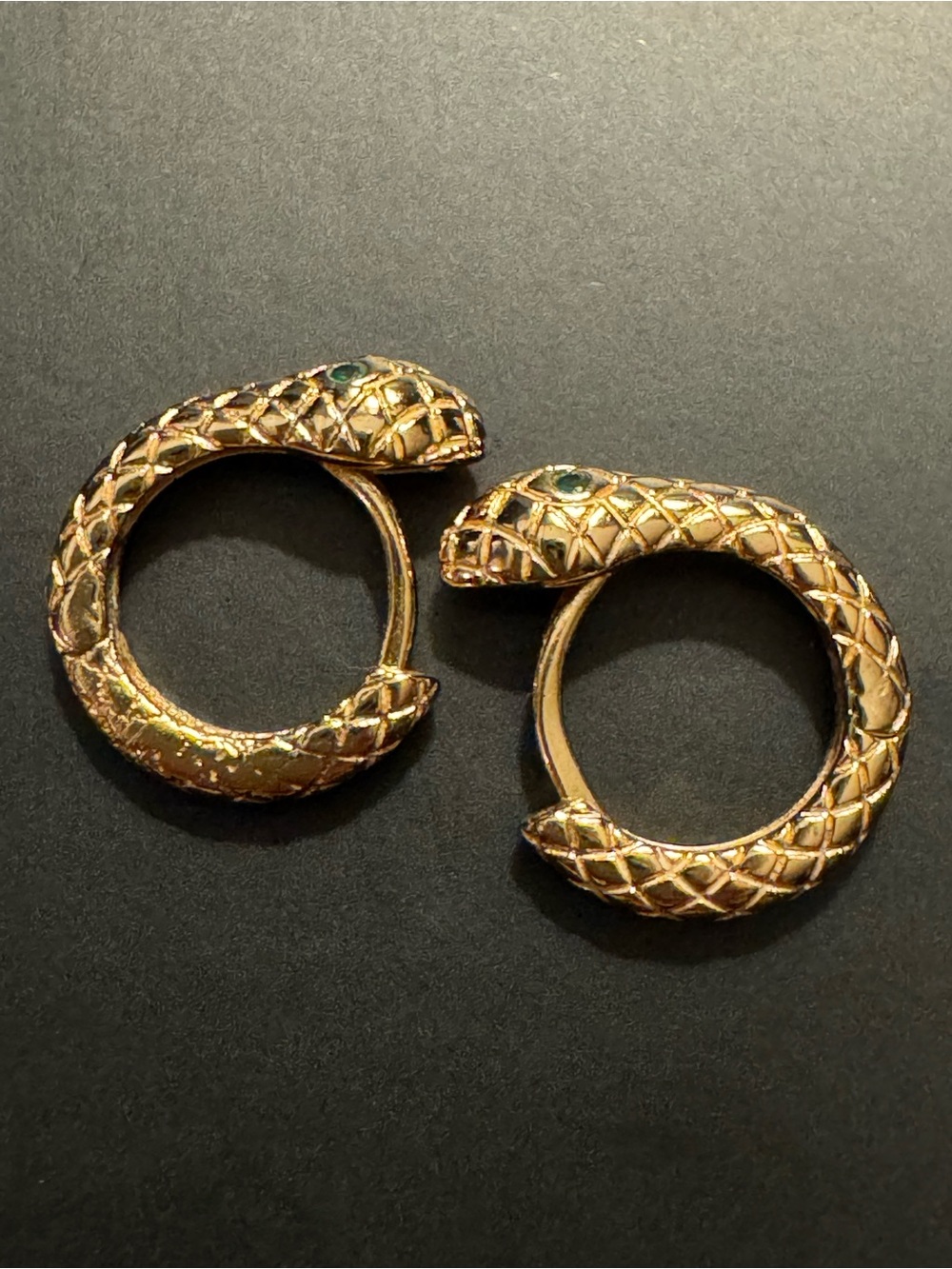 Gold Tone Snake Serpent Huggie Hoop Earrings Green Eyes - 1/2”